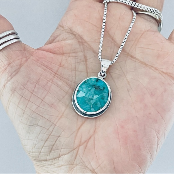 Sterling Silver Large Round Genuine Turquoise Necklace, Boho Necklace - Picture 4 of 13